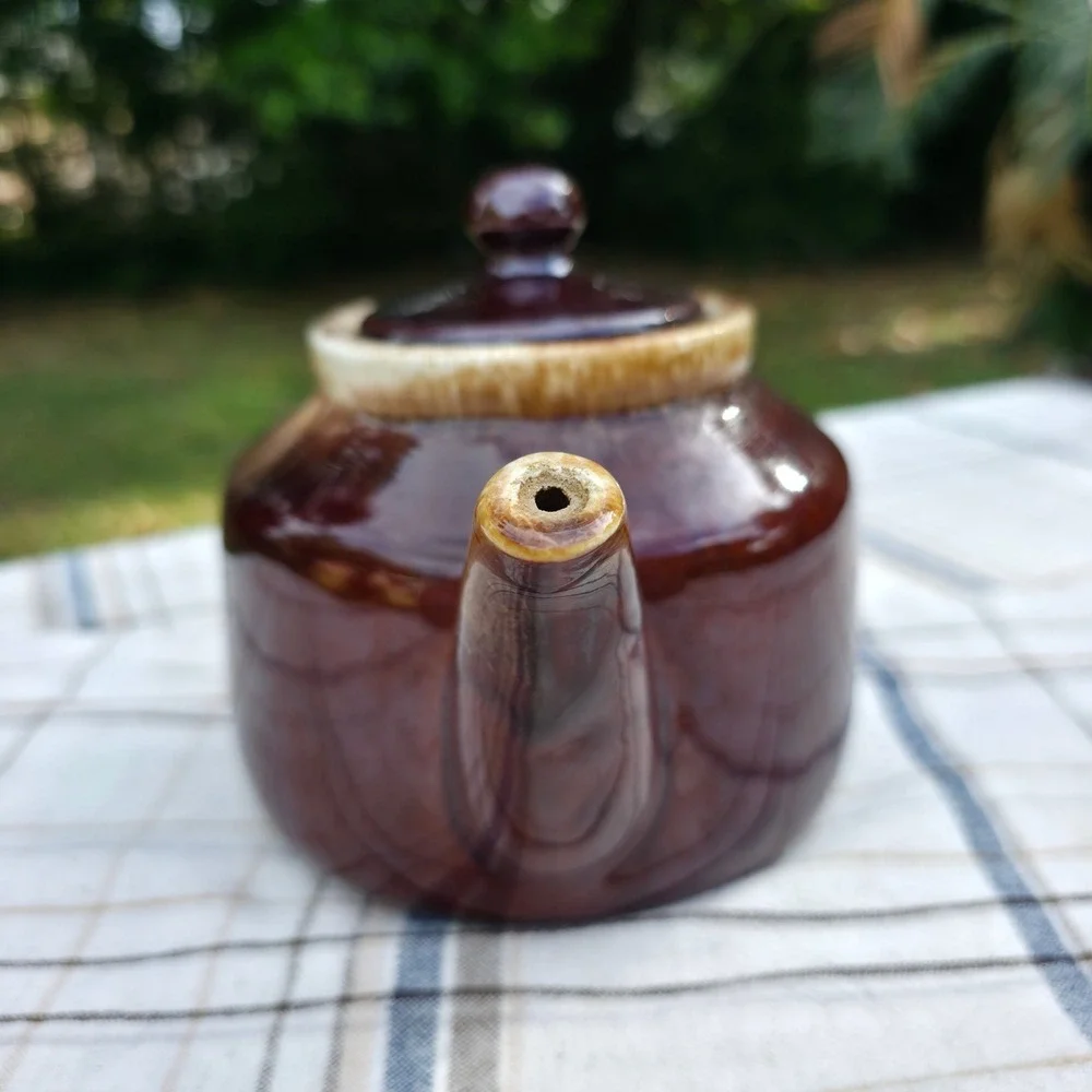 McCoy Pottery Tea Pot w/ Lid Brown Drip Line 1970s‎ MCM USA Vintage Cabincore